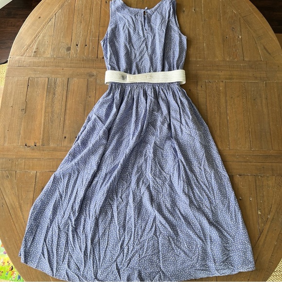 Vintage 90’s Old Money Belted Perwinkle Polka Dot Sleeveless MIDI Dress Small - Picture 7 of 12